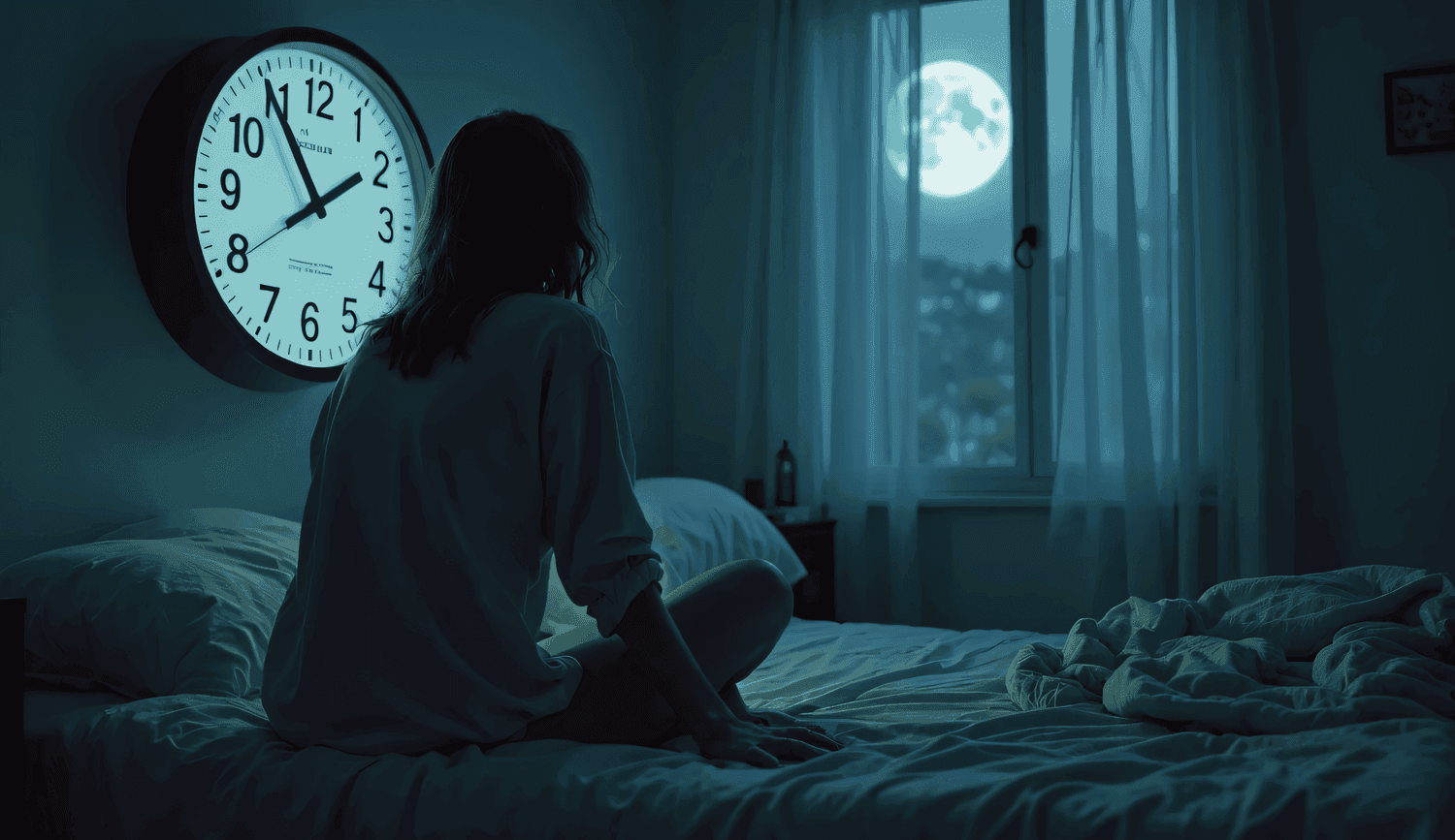 histamine-dump-at-night-symptoms-230am-woman Woman awake at 2:00 AM sitting beside bed with anxious expression and wall clock showing time — depicting histamine dump at night symptoms