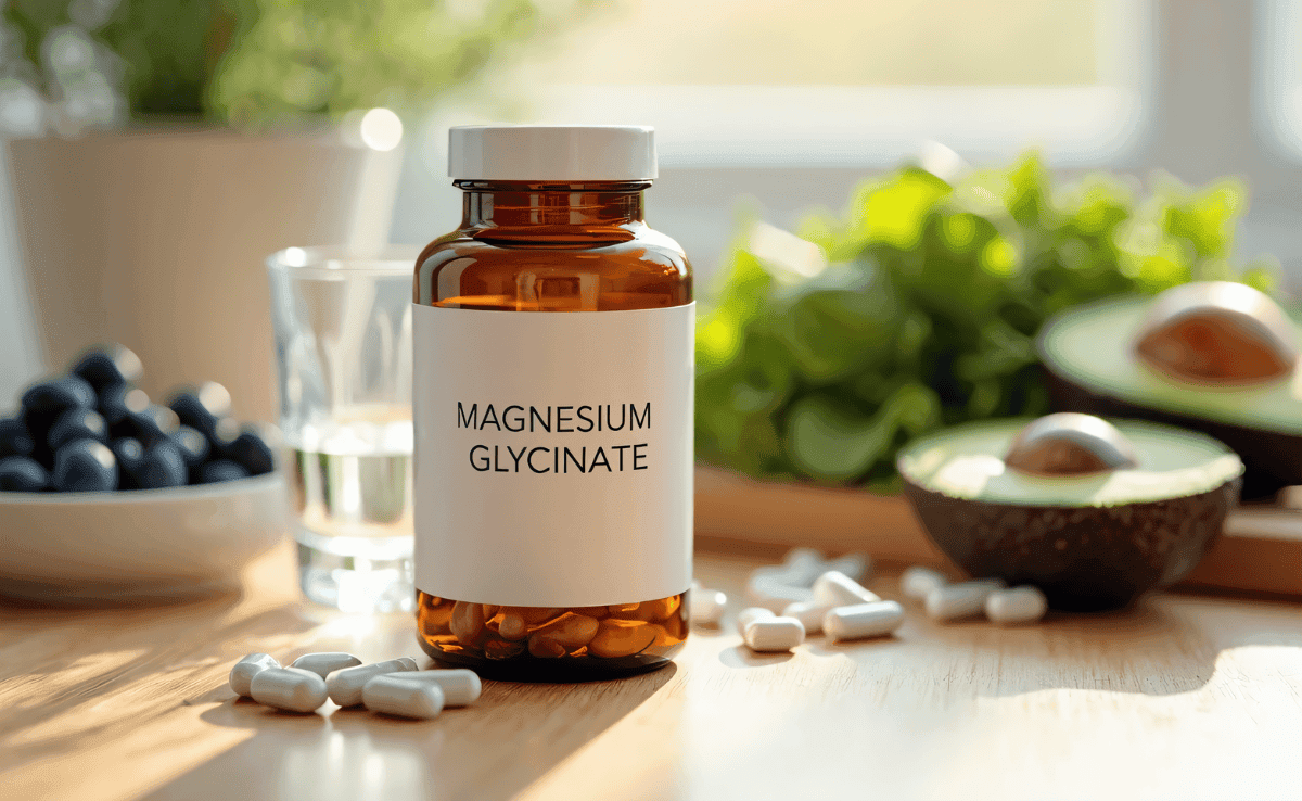 magnesium-glycinate-supplement-bottle-with-capsules-water-healthy-foods Magnesium glycinate bottle with capsules beside a glass of water and healthy low-histamine foods in soft natural light