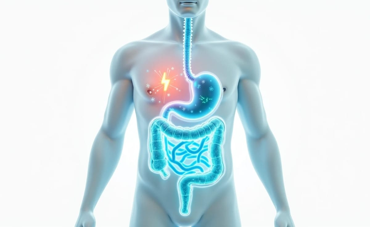 probiotics-for-gut-health-histamine-balance-illustration 3D medical illustration of probiotics repairing the gut lining with visual elements of gut-brain connection, immune support, and histamine balance.