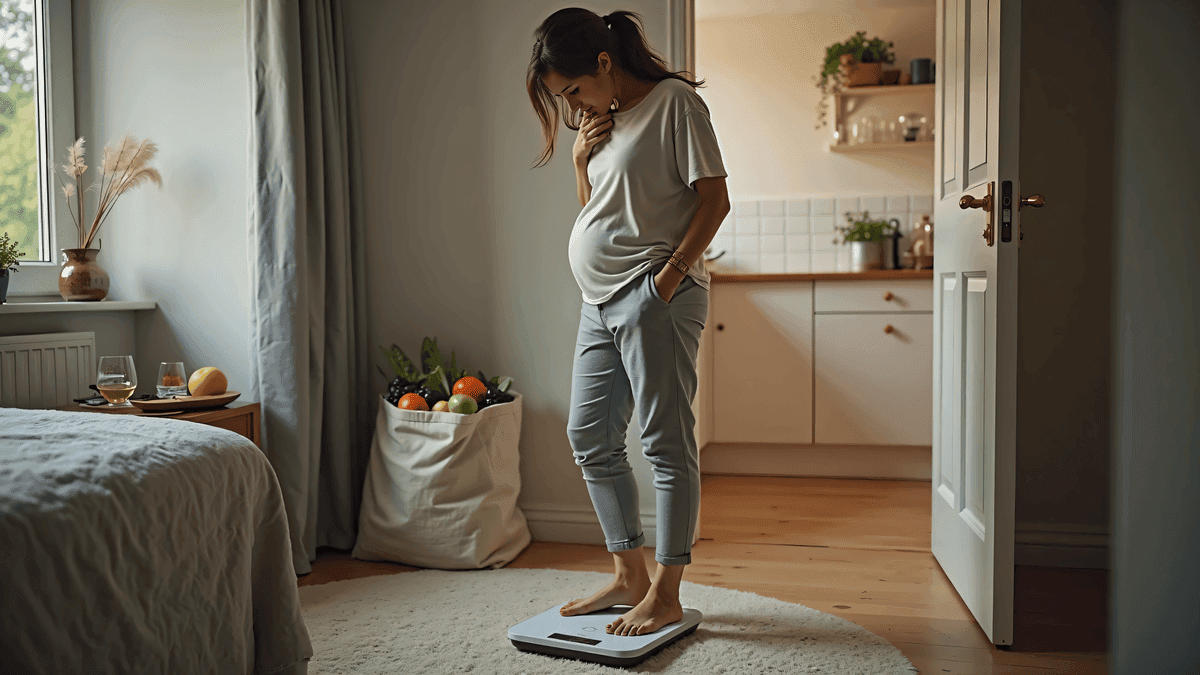 histamine-intolerance-weight-gain-bedroom-scale-worried-woman Can histamine intolerance cause weight gain? Worried woman on scale with wine glass and pills, low-histamine groceries visible in doorway.