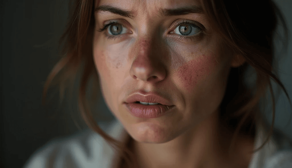 woman-butterfly-flush-histamine-intolerance-symptoms Woman with worried expression displaying facial flushing and redness, a common symptom of histamine intolerance (HIT).
