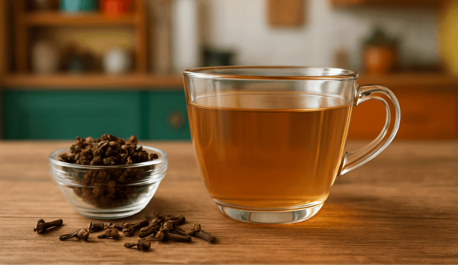 clove-water-for-histamine-intolerance-in-cup-on-kitchen-table Cup of clove water for histamine intolerance with cloves on a kitchen table, natural lighting, healthy drink concept