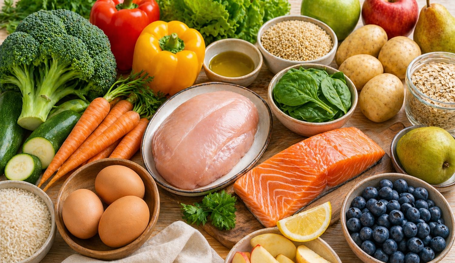 low-histamine-food-list-safe-foods-guide low histamine food list with fresh vegetables fruits and proteins safe for histamine intolerance