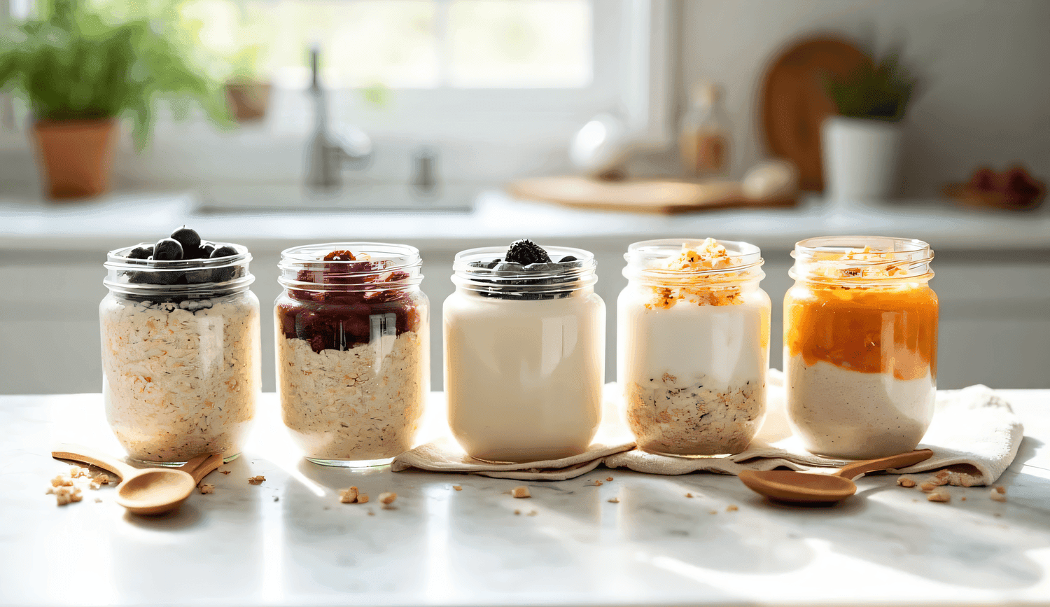histamine-friendly-overnight-oats-five-variations-glass-jars Overwhelmed woman preparing low histamine overnight oats in kitchen during histamine intolerance flare