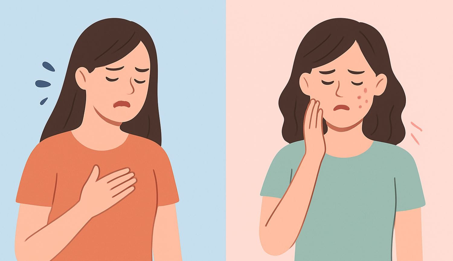 histamine-intolerance-vs-allergies-comparison Comparison women showing differences between histamine intolerance vs allergies symptoms