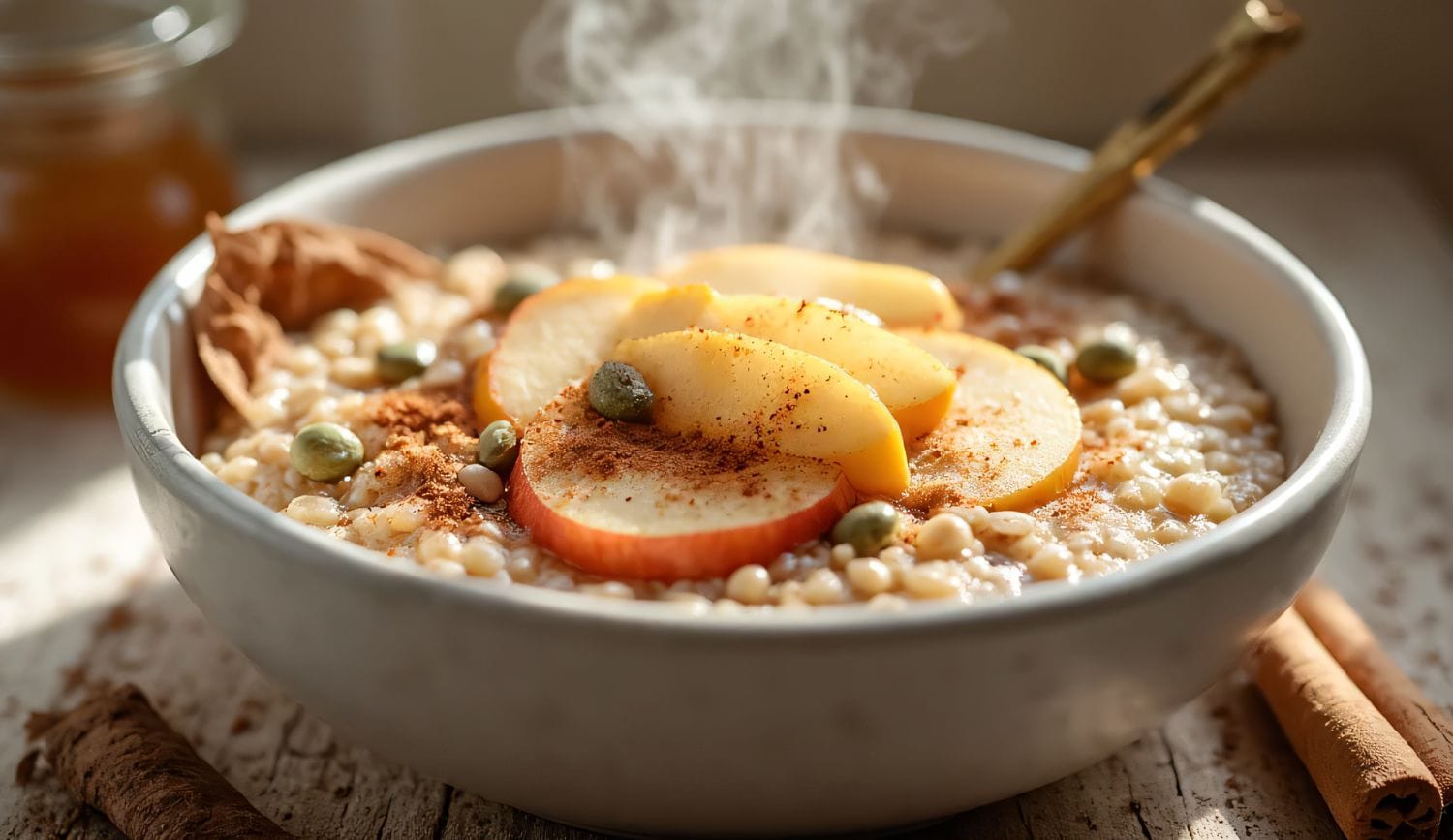low-histamine-apple-cinnamon-quinoa-porridge Bowl of low histamine quinoa porridge with fresh apple slices and Ceylon cinnamon topping