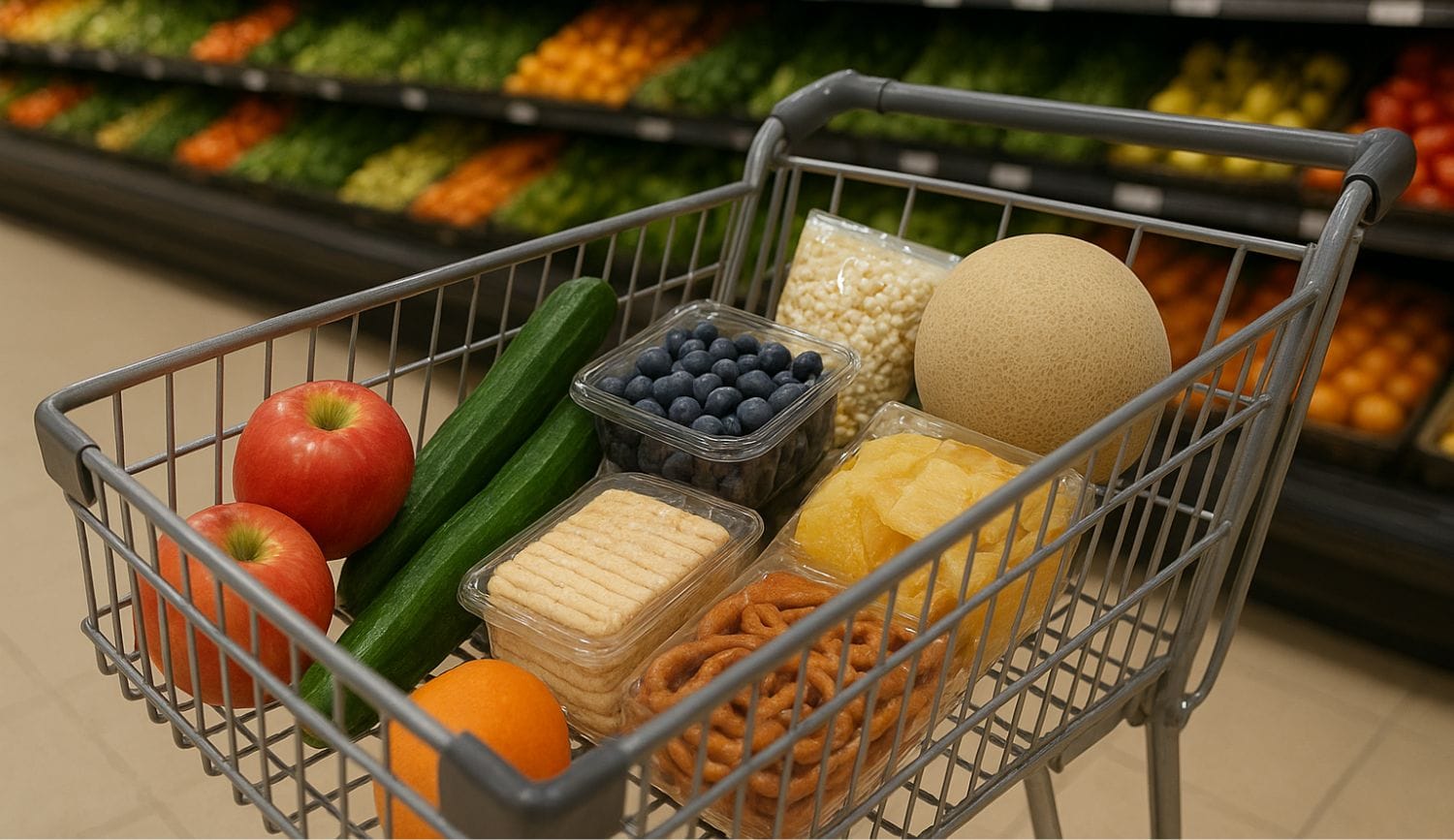 low-histamine-snacks-grocery-store-shopping-guide Assortment of fresh low histamine snacks including apples, rice cakes, cucumbers, and plain pretzels arranged on a grocery store counter