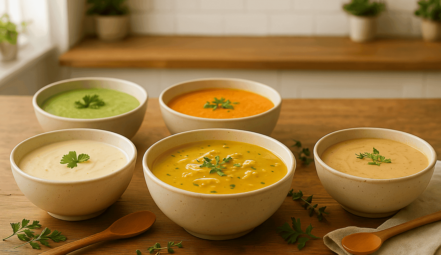 low-histamine-soup-recipes-bowls low histamine soup recipes bowls with fresh herbs and vegetables on wooden table, MCAS friendly meal