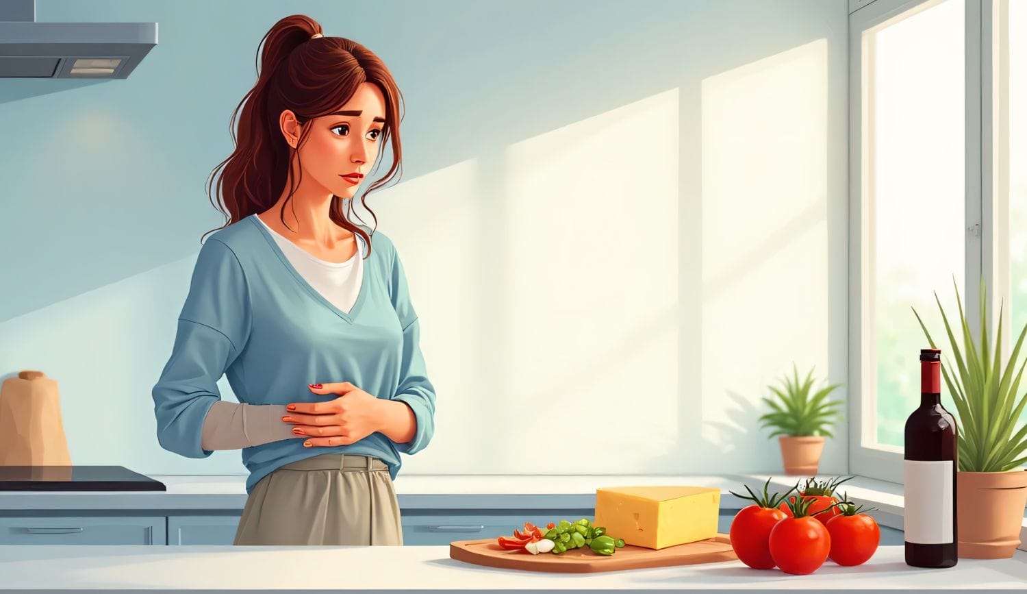 sudden-histamine-intolerance-triggers-timeline Woman experiencing sudden histamine intolerance symptoms while looking at food in kitchen