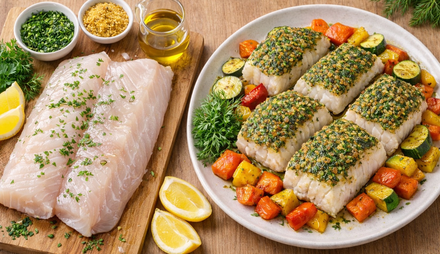 herb-crusted baked-cod low histamine Quick herb-crusted baked cod with roasted vegetables