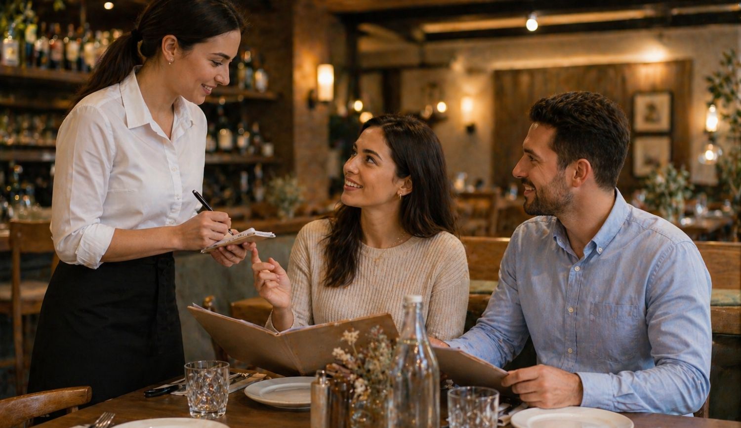 eating-out-with-histamine-intolerance-restaurant-ordering-scene couple ordering food in restaurant with waiter standing beside table clean setup empty plates and water bottle Eating out with histamine intolerance