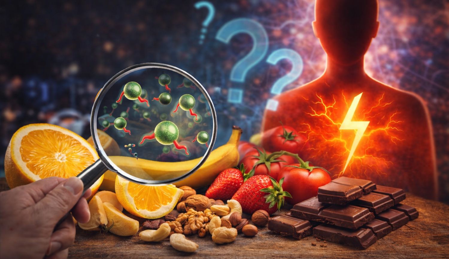 histamine-liberator-foods-citrus-chocolate-tomatoes Histamine liberator foods including citrus fruits, chocolate, tomatoes, and bananas
