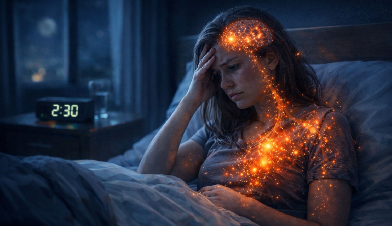 histamine-worse-at-night-illustration-symptoms Illustration of a woman awake at night with histamine activity affecting sleep and causing symptoms like anxiety and insomnia by Histamine Worse at Night symptoms