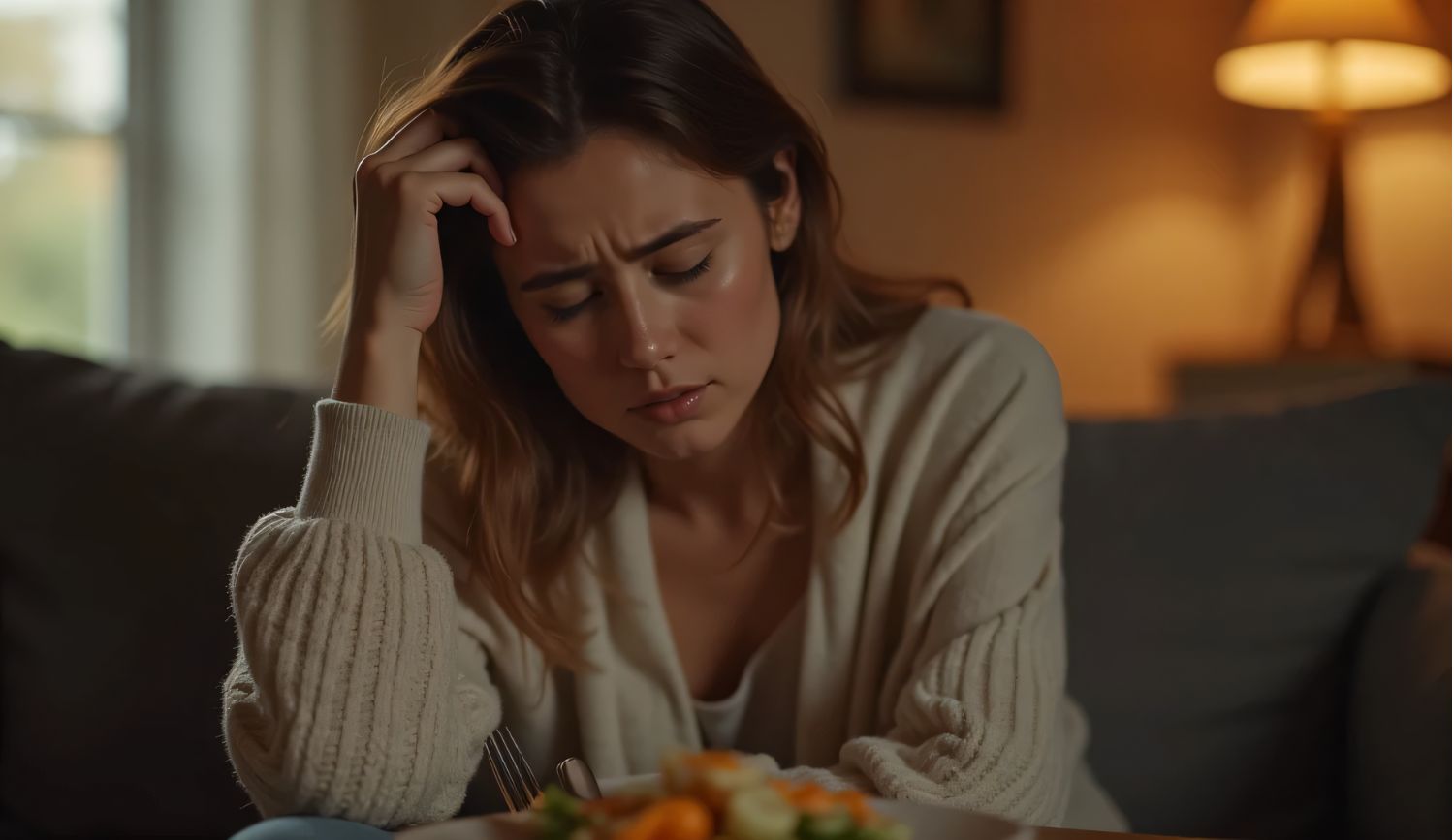 low-dao-levels-after-eating-symptoms-woman Woman with low DAO levels showing post-meal symptoms like headache and fatigue