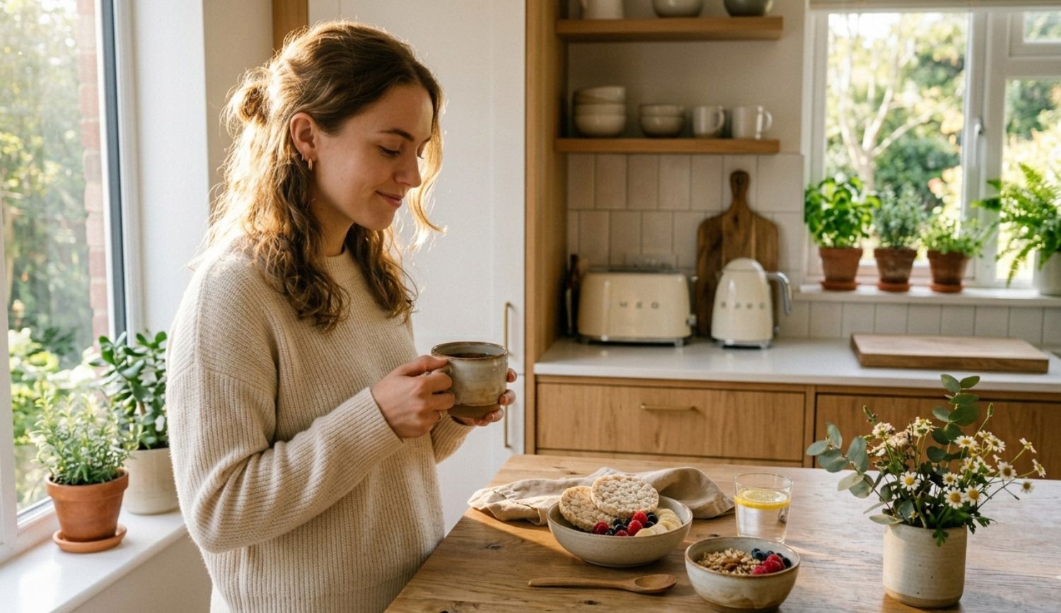low-histamine-breakfast-ideas-calm-morning-simple-meal woman standing in a calm kitchen looking at simple low histamine breakfast ideas with oats fruit and minimal setup