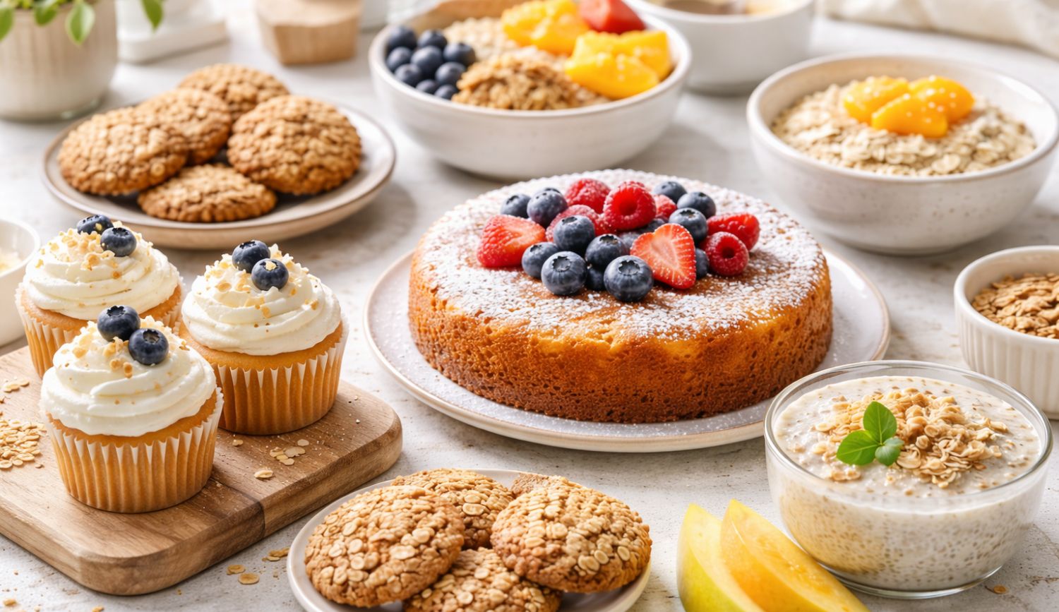 low-histamine-desserts-assorted-cake-cupcakes-oats Low histamine desserts including olive oil cake, cupcakes, oat cookies, and fresh fruit options on a clean table