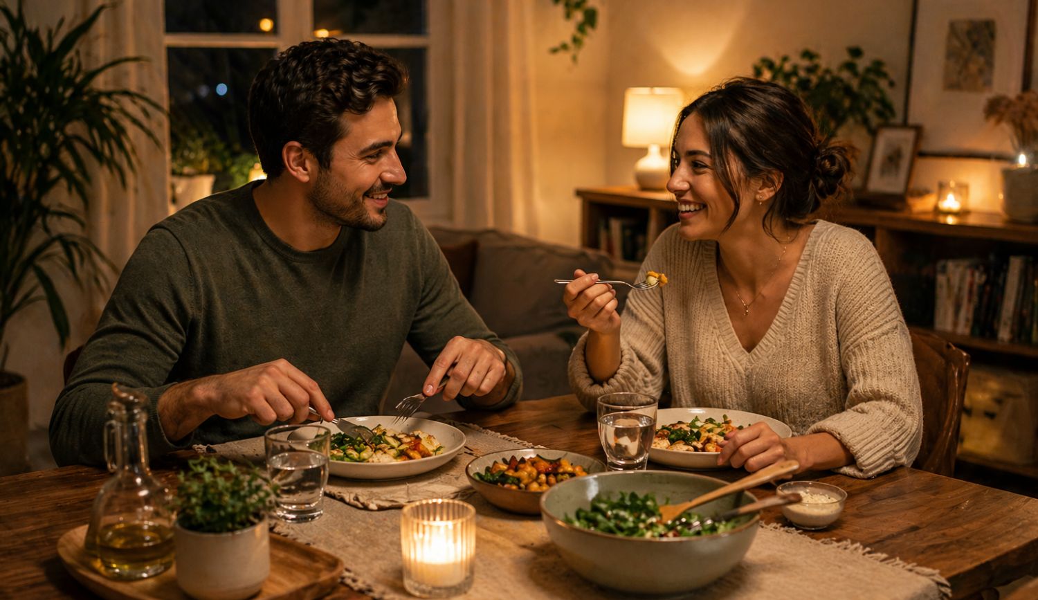 low-histamine-dinner-ideas-cozy-home-evening-meal couple enjoying simple Low Histamine Dinner Ideas at home in a cozy evening setting with warm lighting and minimal meal setup
