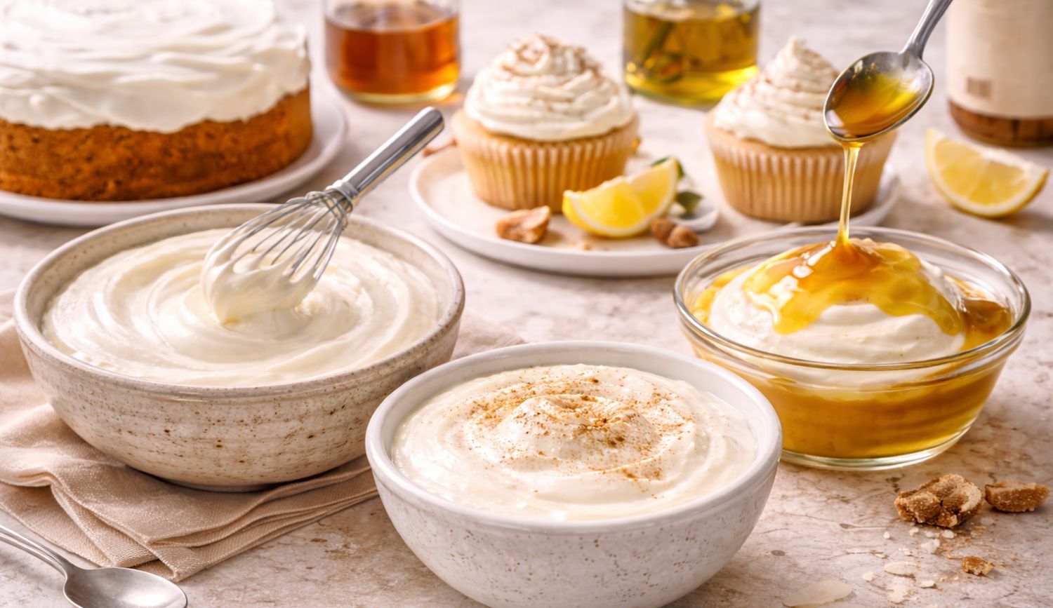 low-histamine-frosting-recipes-coconut-olive-oil-yogurt Three low histamine frosting recipes including coconut cream, olive oil glaze, and coconut yogurt served with cupcakes and cake