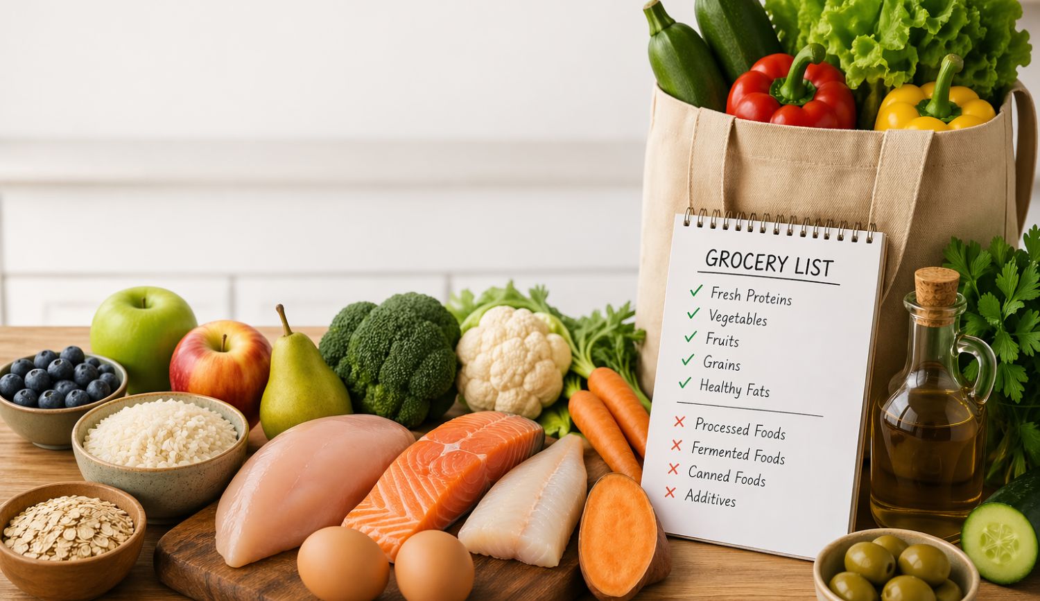 low-histamine-grocery-list-what-to-buy-what-to-avoid-shopping-guide low histamine grocery list showing what to buy, what to avoid, and how to shop fresh foods to reduce histamine load