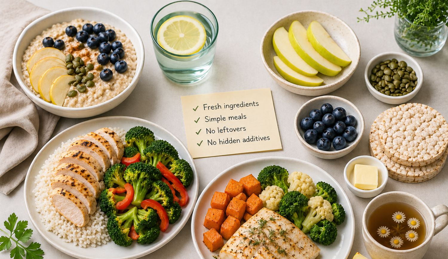 low-histamine-meal-plan-daily-food-structure low histamine meal plan showing simple breakfast lunch dinner and snacks with fresh ingredients