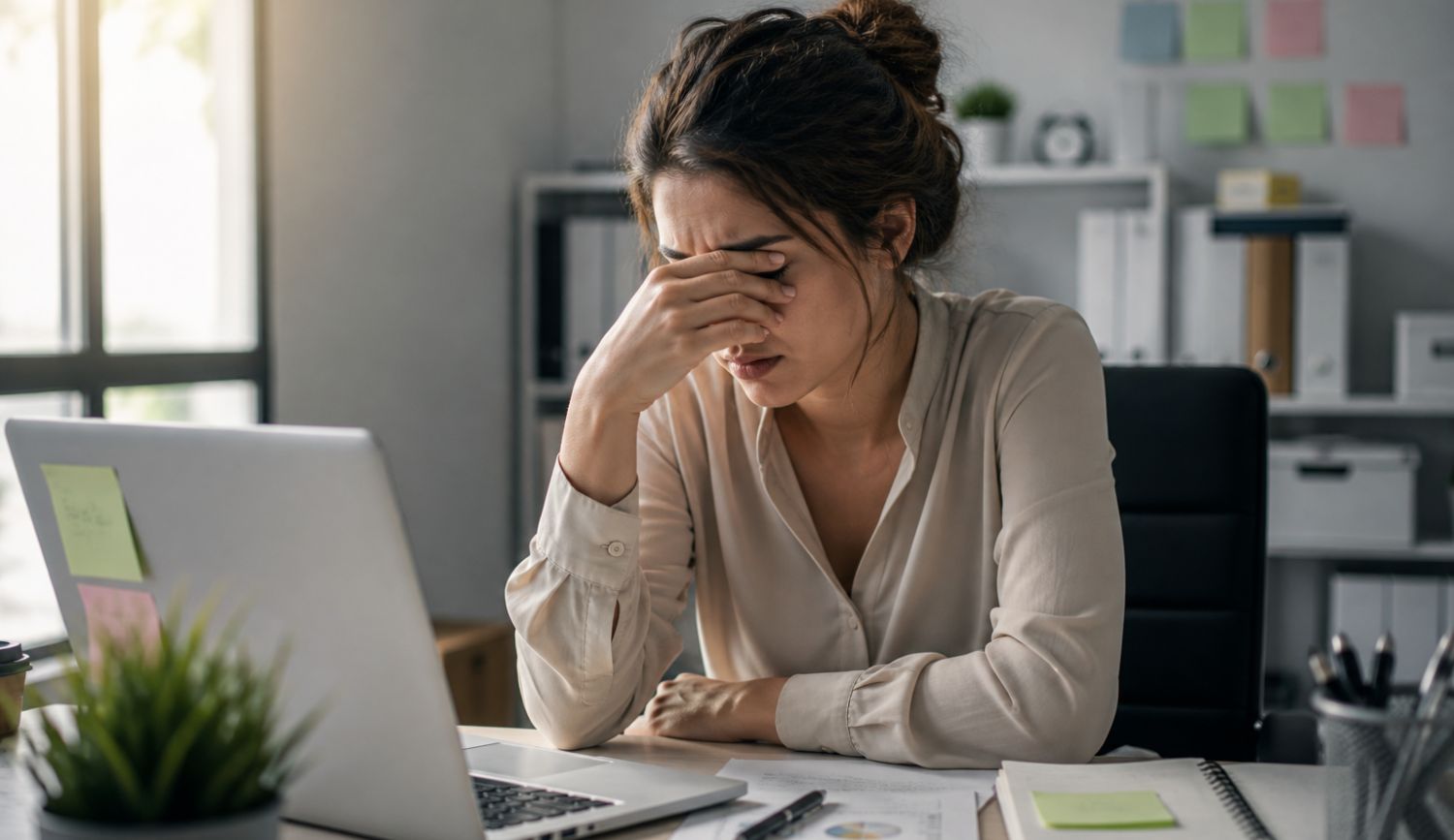 afternoon-histamine-crash-work-fatigue woman feeling fatigued and overwhelmed at work experiencing afternoon histamine crash after lunch