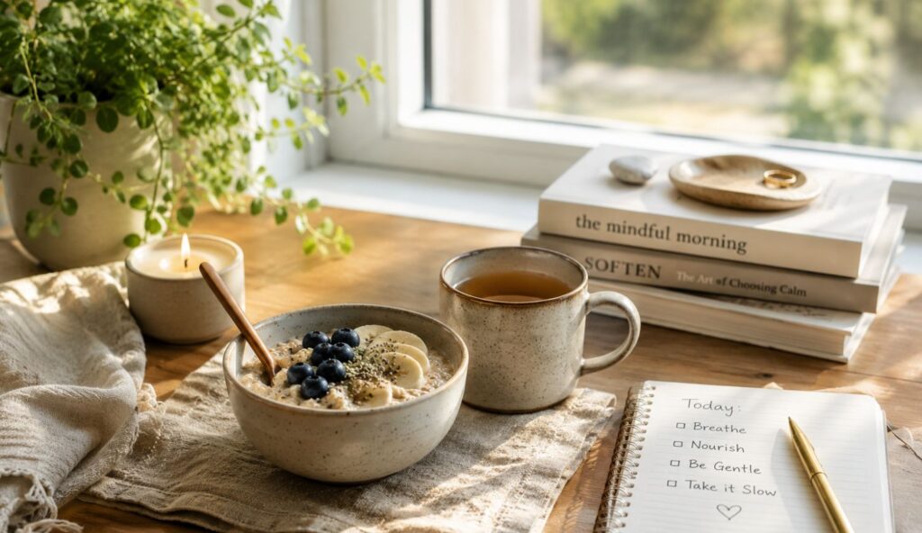 Peaceful low histamine breakfast morning with overnight oats, tea, and calming natural light