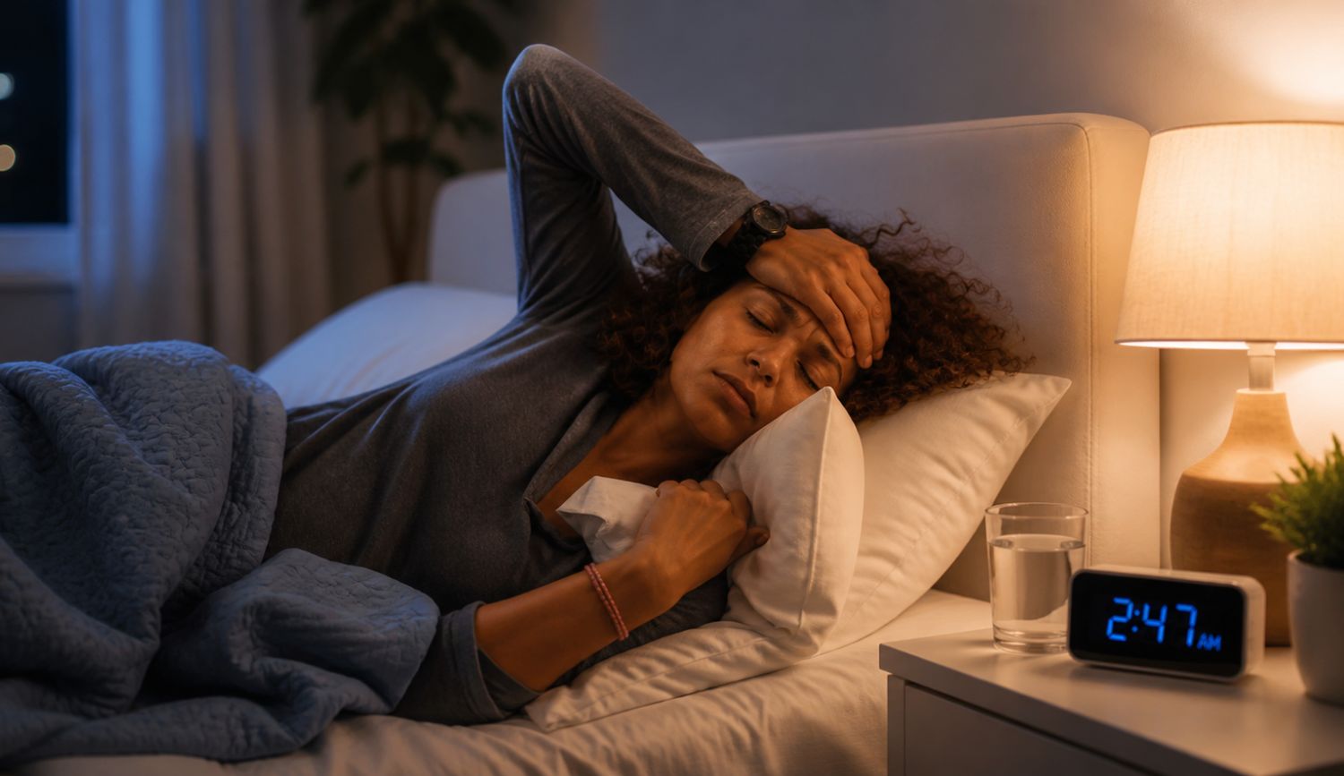 histamine-intolerance-insomnia-night-awake-bedroom woman lying awake in bed at night experiencing histamine intolerance insomnia