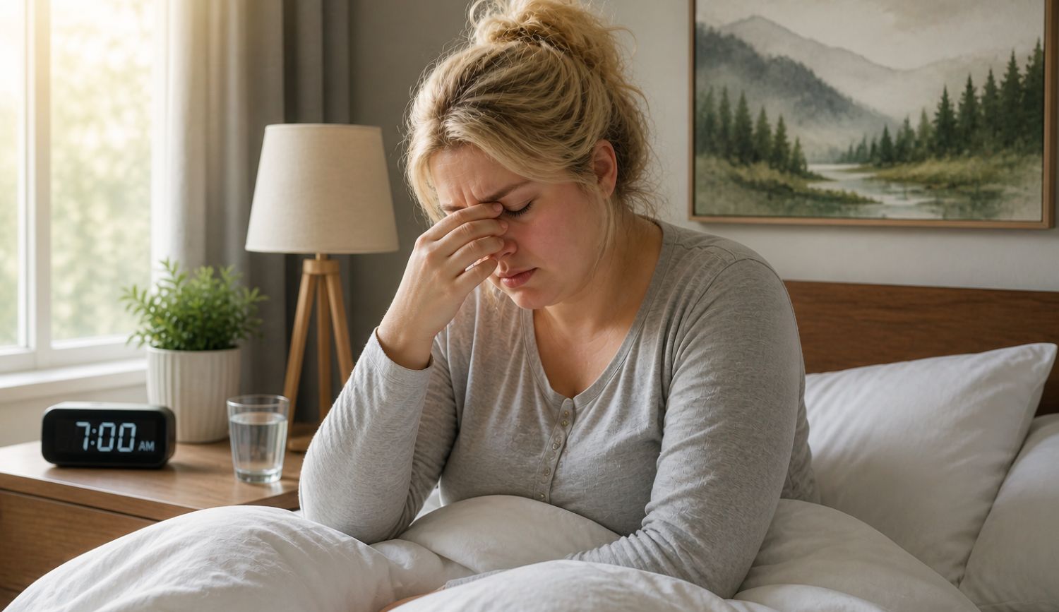 histamine-intolerance-morning-symptoms woman waking up tired with histamine intolerance morning symptoms fatigue brain fog