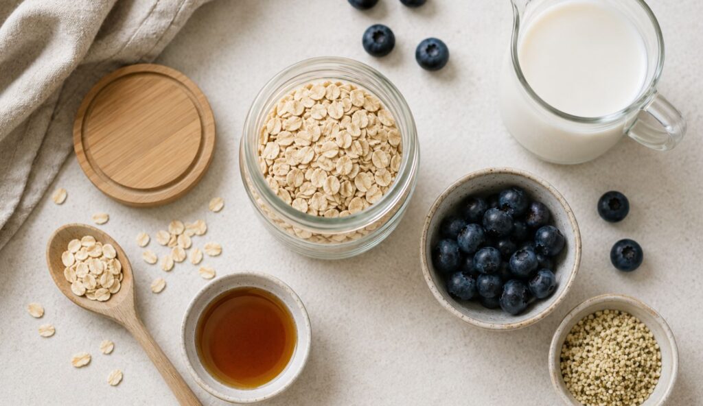 Simple low histamine overnight oats ingredients including rolled oats, blueberries, hemp hearts, rice milk, and maple syrup