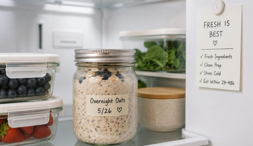 Fresh low histamine overnight oats stored safely in a glass jar inside a clean refrigerator