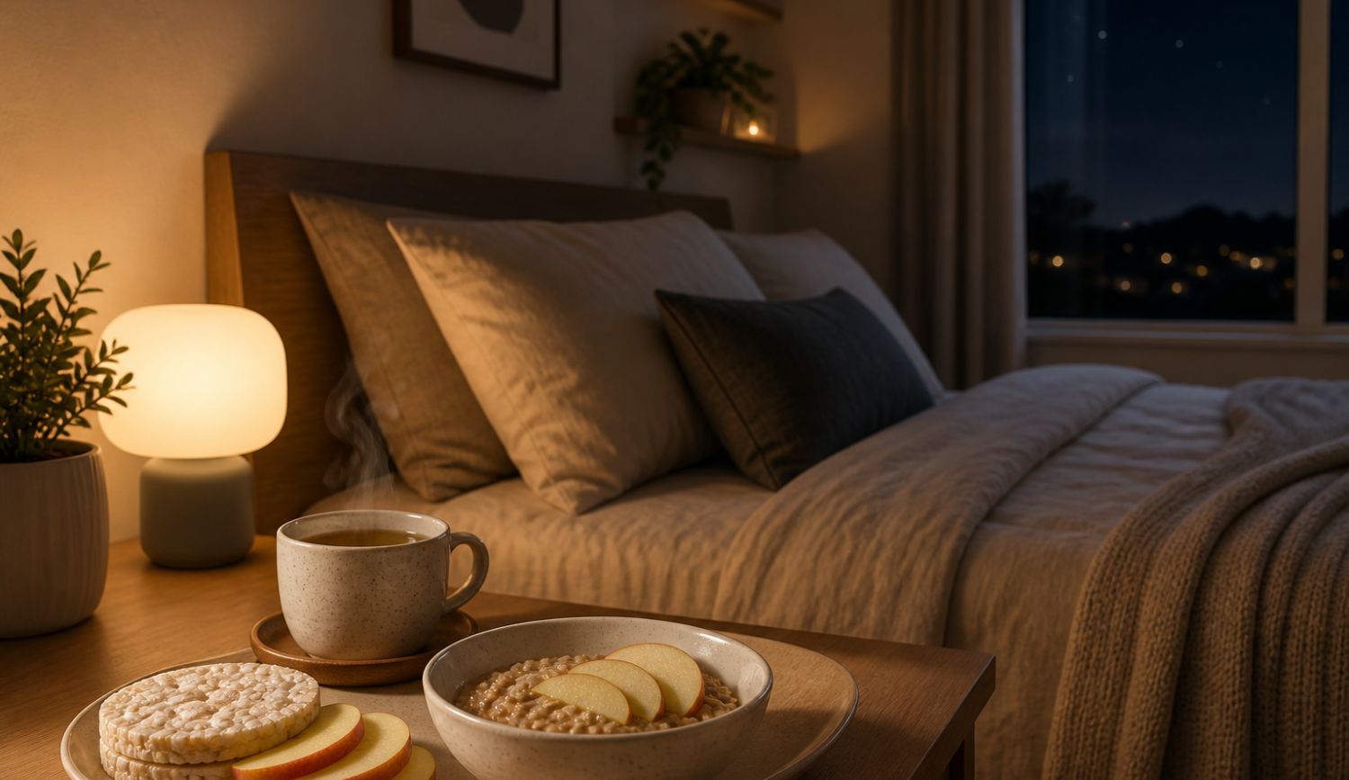 what-to-eat-before-bed-histamine-intolerance-food-options What to eat before bed with histamine intolerance without triggering symptoms bedtime snack with rice cakes fruit and herbal tea on bedside table at night