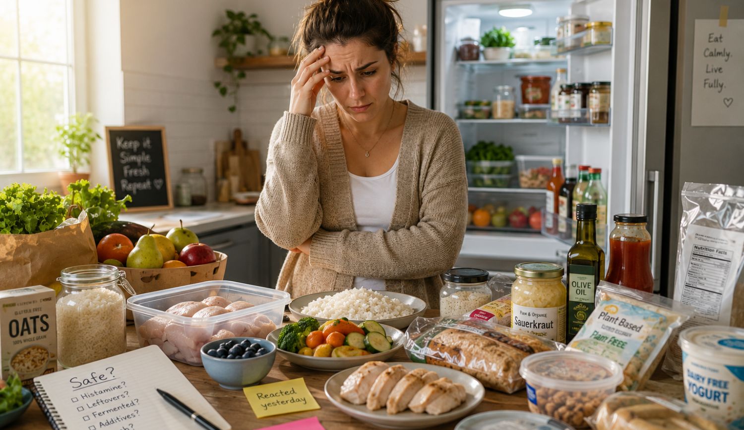 what-to-eat-when-everything-triggers-you-low-histamine Overwhelmed woman looking at low histamine foods in kitchen while trying to decide what to eat when everything triggers you